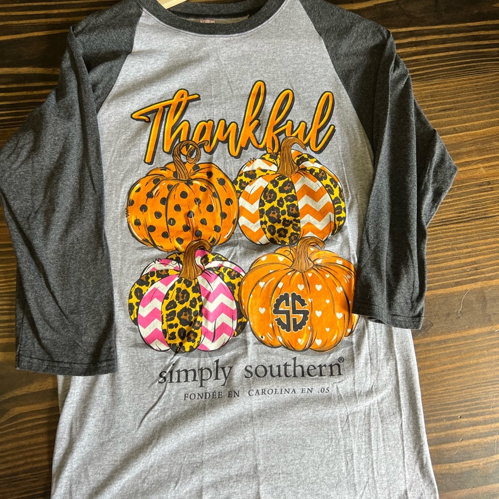 Simply Southern Gray and Orange three quarter length sleeve tee